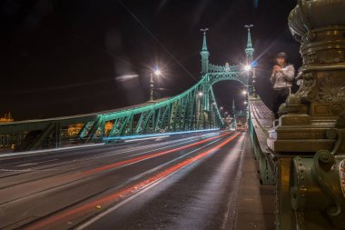 Macaristan'ın başkenti Liberty Köprüsü'nün gece manzarası.