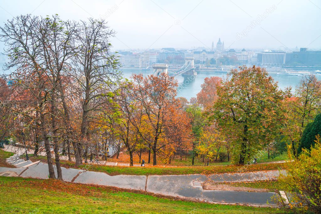 Park walkway at Buda Hill Castle, Budapest, Hungary. Autumn.