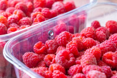 Plastik kutuda kırmızı ahududu, çiğ meyve.