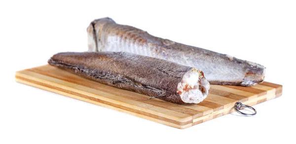 Zmrazené Ryby Štikozubce Dřevěné Desce Izolace Bílém Pozadí — Stock fotografie
