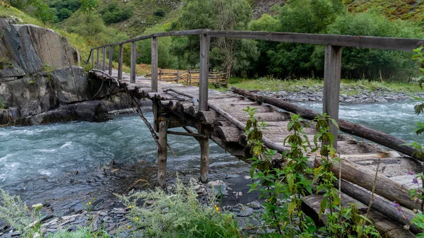 Vieux Pont Bois Dessus Une Rivière Argun Upper Khevsureti Géorgie — Photo