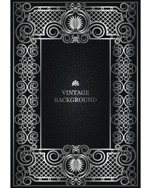 Kitap için bir şablon olarak Vintage çerçeve çiçek vektör tasarım, eski sayfaları, fotoğraf çerçeveleri, davetiyeler, sertifika, kart kapsar. Victoria lüks süs tasarım, gümüş kenarlık koyu arka plan üzerinde.