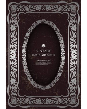 Vintage çerçeve çiçek vektör, kitap için şablon tasarım, eski sayfaları, fotoğraf çerçeveleri, davetiyeler, sertifika, kart kapsar. Victoria lüks süs tasarım, gümüş kenarlık koyu arka plan üzerinde.