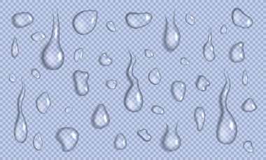 Vector set of realistic water drops and splash different sizes on a transparent background, condensation of rain, collection for design. clipart