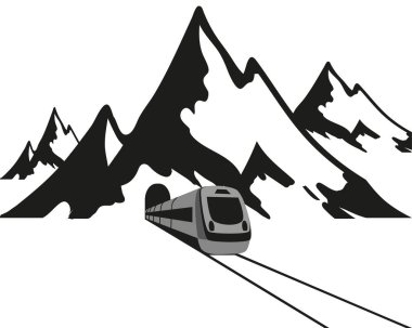 Dağlar ve tren, tünel, siyah logosu beyaz bir arka plan üzerinde bırakır. Vektör çizim.