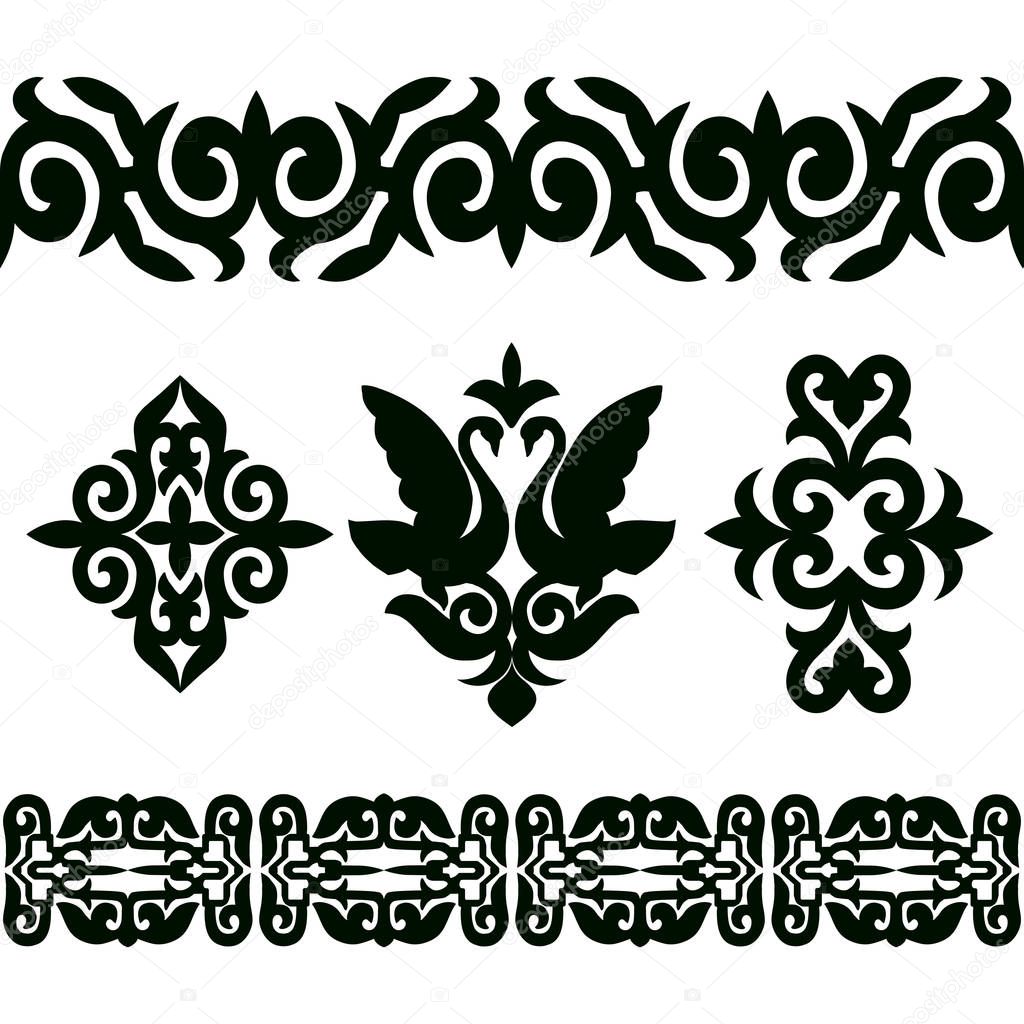 Vector set of seamless patterns tape and elements in ethnic national style of Kazakhstan.