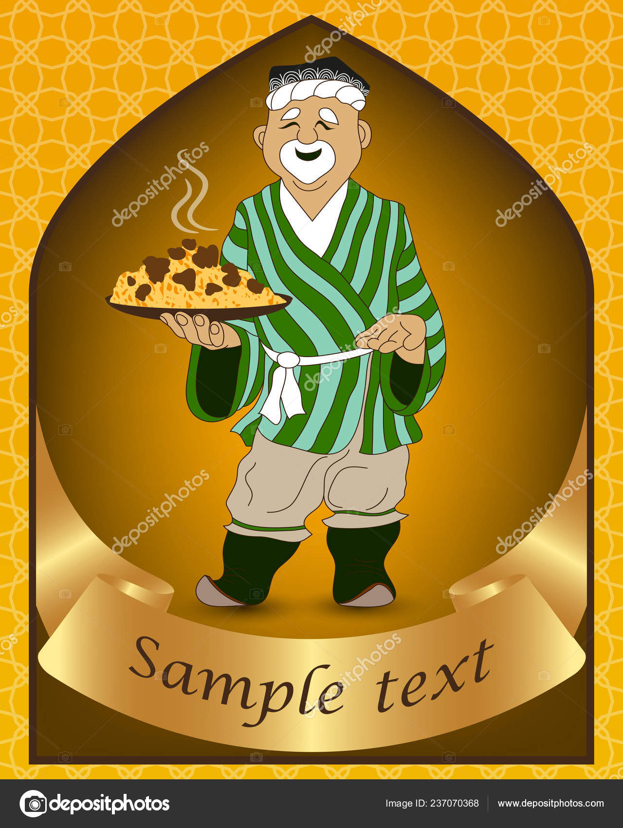 Карикатурные Каракули Рисуют Узбекский Мужчина Готовит Приглашает.