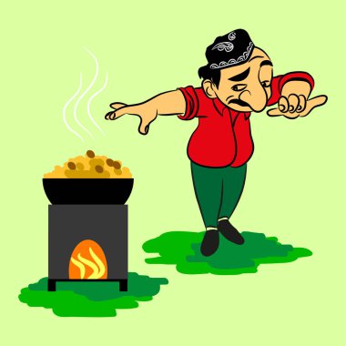Özbek Milli yemek pilav hazırlama ve dans adam. Vektör karikatür Karalama Çizim bir Asya etnik tarzı.