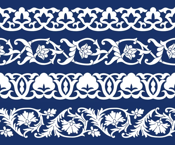 Набор бесшовных ленточных узоров в виде хлопка в узбекском национальном стиле, векторный макет для оформления, изолированный на синем фоне . — стоковый вектор