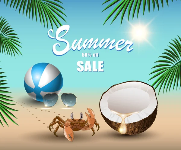 Sommer-Banner zur Werbung für den Verkauf, Entspannung am Strand Sand, Kokosnuss, Ball, Krabbe, Sonnenbrille, Palmenblätter im Hintergrund des Ozeans. Vektorillustration. lizenzfreie Stockvektoren