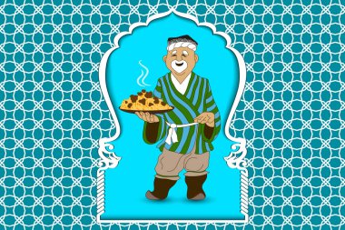 Karikatür vektör doodle el bir Özbek adam çizer hazırlar ve Pilav Özbekistan, Asya ulusal çanak davet ediyor. Aşçı posteri, mockup teahouse işareti, billboard, afiş için bir şablon olarak İllüstrasyon.