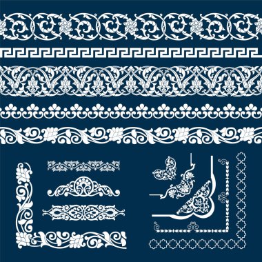 Özbek ulusal tarzında pamuk şeklinde dikişsiz bant Desenleri, köşe ve elemanları, tasarım için vektör mockup, mavi arka plan üzerinde izole seti.