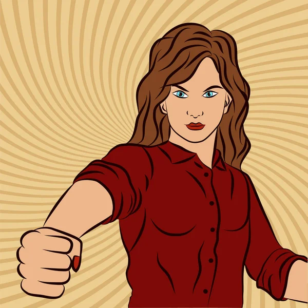 Vektör wow pop art seksi sıkı kız, kadın feminist talepleri ve haklarını iddia, onu yumruk ile knocks. Komik bir tarzda Retro renkli illüstrasyon
