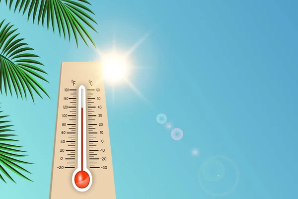 태양에서 여름에 야외 온도계는 더운 날씨 온도를 보여줍니다, 그것은 해변에서 일광욕을하는 시간이다. 포스터, 광고, 배너, 표지, 벡터 일러스트레이션을 위한 모형 벡터 그래픽