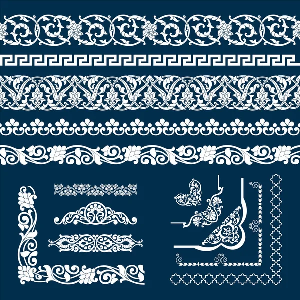Satz nahtlose Bandmuster, Ecke und Elemente in Form von Baumwolle im usbekischen Nationalstil, Vektor-Mockup für Design, isoliert auf blauem Hintergrund. Stockillustration