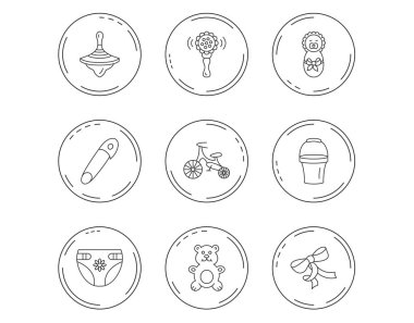 Yeni doğan, Bebek bezi ve ayı simgeler oyuncak. İlk bisikleti.