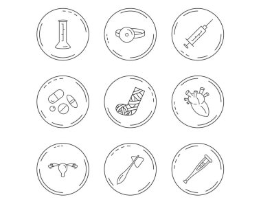 Şırınga, kabı ve hapları simgeler. Tıbbi işaretleri.