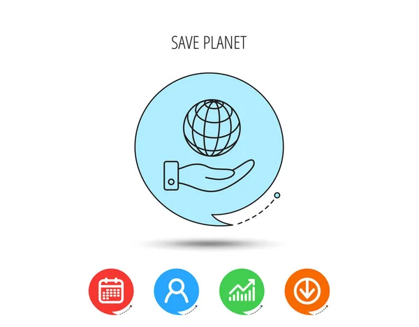 Salva l'icona del pianeta. Mano con segno globo . — Vettoriale Stock
