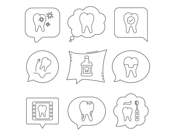 Zębów, korony dentystyczne i ikony do płukania jamy ustnej. Próchnica. — Wektor stockowy