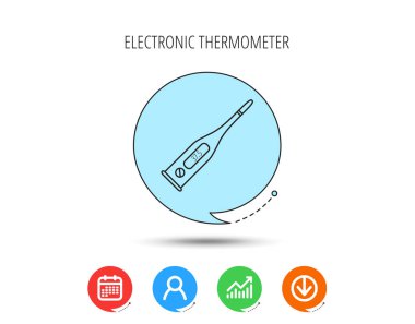 Elektronik termometre simgesi. Ölçüm aracı oturum. Sıcaklık kontrol sembolü. Takvim, Kullanıcı ve iş grafik, Download ok simgeleri. Konuşma balonları düz işaretleri. Vektör