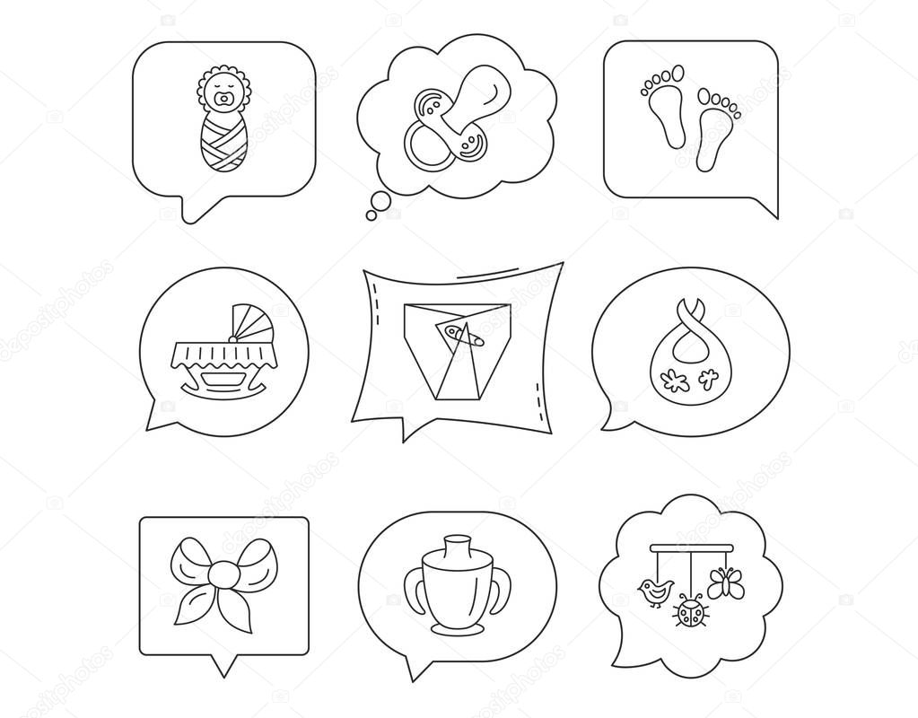 Pacifier, newborn and baby toys icons. Footprint, diapers and cradle bed linear signs. Mug, dirty bib flat line icons. Linear Speech bubbles with icons set. Comic chat balloon. Vector