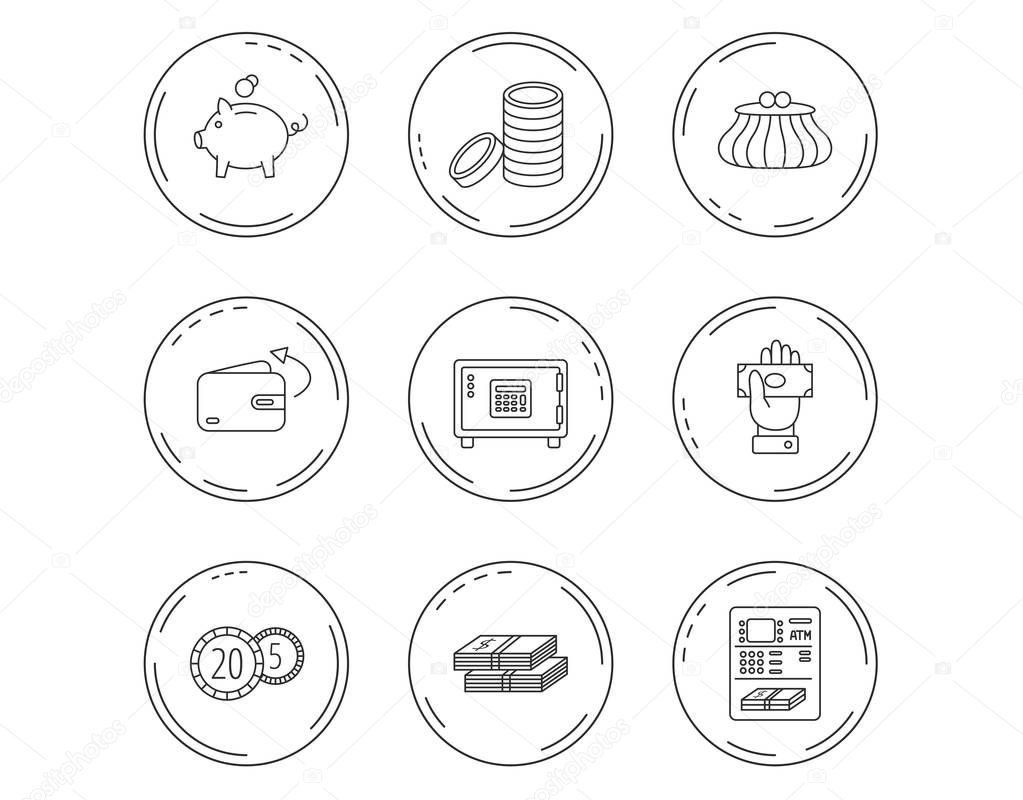 Piggy bank, cash money and wallet icons. Safe box, send money and dollar usd linear signs. Give money, coins and ATM icons. Linear Circles web buttons with icons. Vector