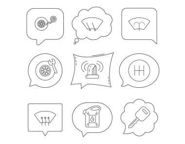 Manuel şanzıman, lastik servisi ve araba simgeler anahtar. Siren çalar, bidon ve tekerlek lineer işaretler basınç. Cam, silecek ve ısıtmalı simgeler. Doğrusal konuşma balonları simgeleri ile ayarlayın. Komik sohbet balon