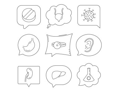 Virüs, tablet ve mide organ simgeleri.