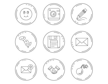 Fotoğraf kamera, kalem ve el sıkışma simgeleri.