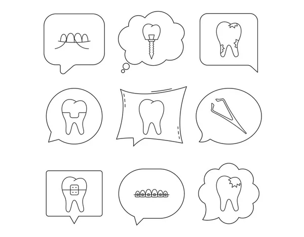 Implante dentário, fio dental e ícones dentários. Aparelhos . —  Vetores de Stock