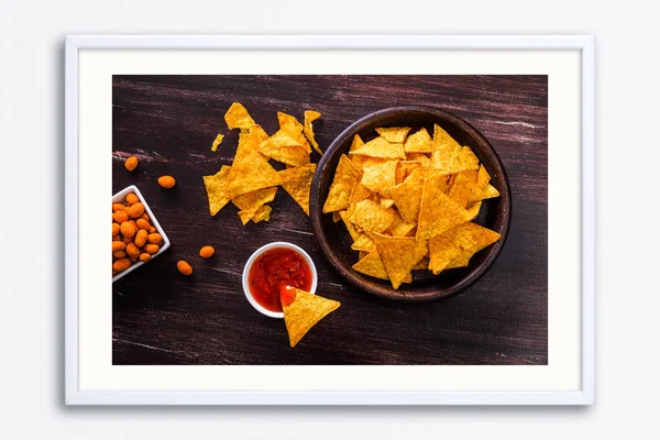 Nachos chips. Tortilla snack. Mexican salsa nuts. — Stock Photo, Image