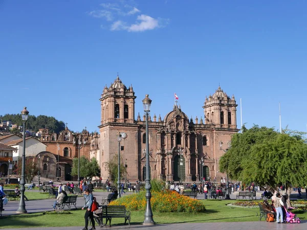 Plaza Principal Ciudad Cusco Durante Día Con Catedral Otra Iglesia — Foto de Stock