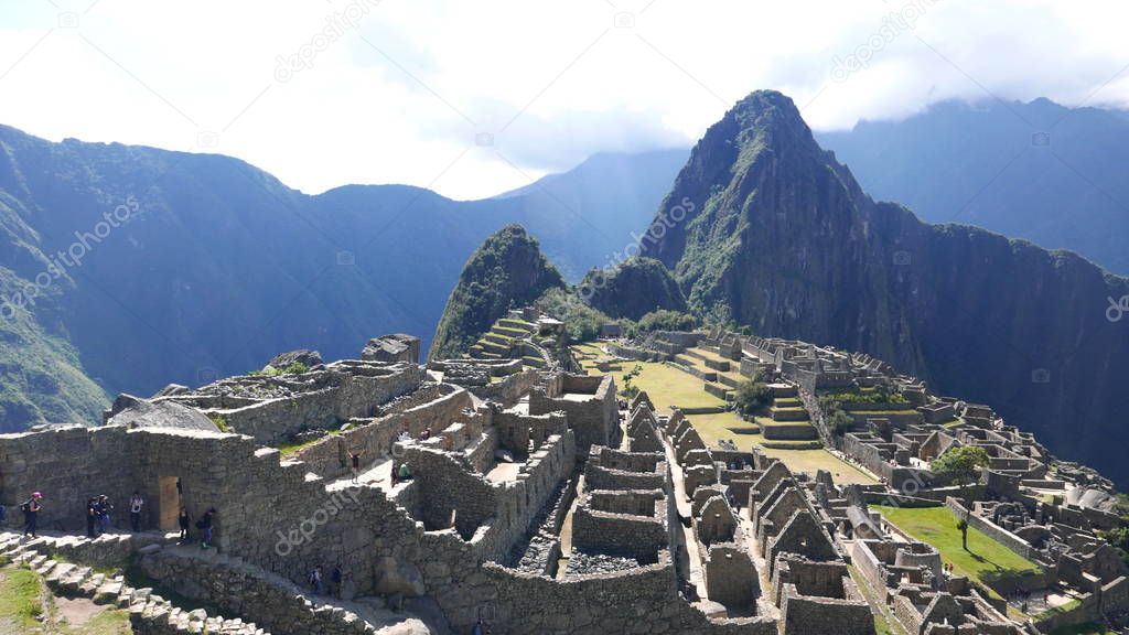 Machu Picchu Inca Civilization housing development and scenic ruins on the mountains of Cusco Region in Peru 