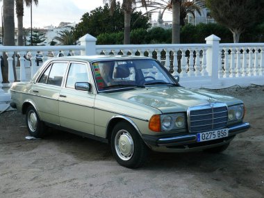 Puerto Banus, İspanya. Ocak 4, 2009. 1968 ve 1976 arasında Almanya'da inşa yeşil bir Mercedes-Benz 200 Sedan ön ve yan görünümü. Araba temiz ve beceri durumu bu. Puerto Banus park edilmişti 