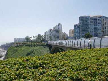 Villena köprü Lima Miraflores bölgesinde doğal görünümünü. Resimdeki avuç içi, ağaçlar, çim, bitkiler, çiçek, bir park, sokak, dış modern binalar ve bir uçurumun üzerinde bir güzel ve mavi gökyüzü gün vardır. 