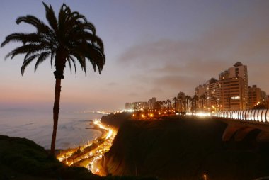 Scenic night view of Villena bridge in Miraflores district of Lima. In the image there are palms, trees, lawn, plants, a park, lampposts, exterior modern buildings, a highway at coastline level and a cliff on a beautiful sky. 