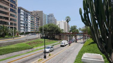 Lima Miraflores bölgesinde Pasifik Okyanusu cliff tarafından iner Bayraktar Bulvarı doğal görünümünü. Resimdeki vardır bir çim, avuç içi, dış modern binalar, sokak, araç ve duvarlar güneşli bir günde 