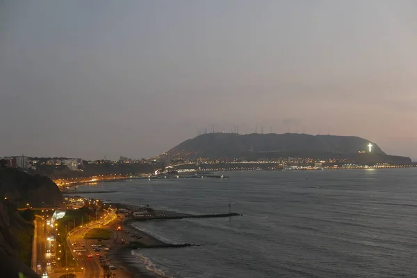 Escénica Vista Nocturna Bahía Lima Desde Distrito Chorrillos Sur Capital — Foto de Stock