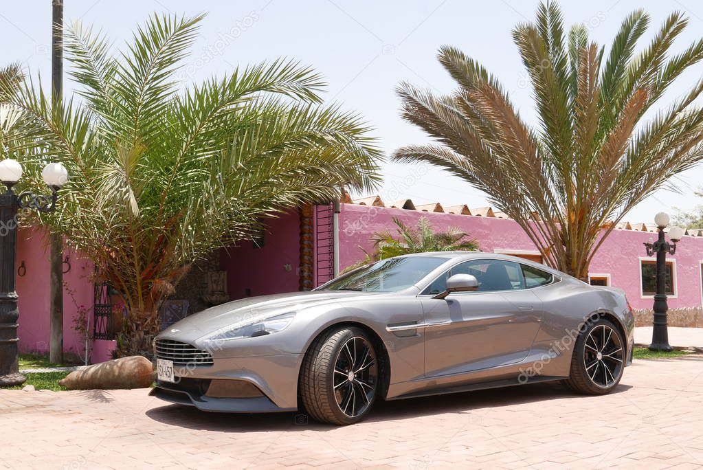 Lima, Peru. November 11, 2017. Front and side view of a mint condition gray Aston Martin Vanquish coupe exhibited in a retromobile show at south of Lima