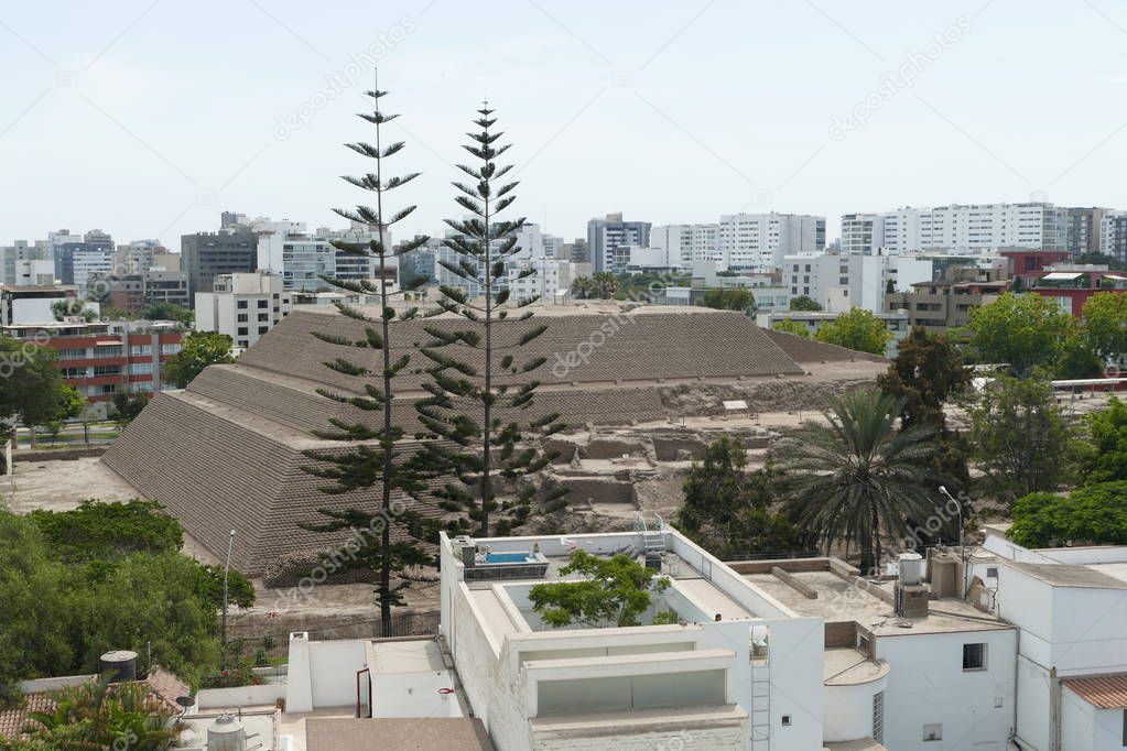 Partial view of the pyramid temple called Huaca Huallamarca. It is circa 2000 years old.  In the San Isidro district of Lima this important archaeological complex is located in the center of the district surrounded by modern buildings and houses