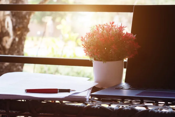 Red Pen Blurred Paperwork Next Laptop Table Window — Stock Photo, Image