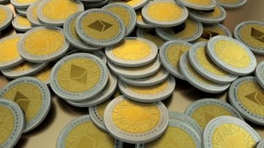 Sorunsuz bir şekilde animasyon Ethereum kripto para sikke yığını çember fotoğraf makinesinin döngü. Büyük blockchain ve fintech için ilgili içerik.