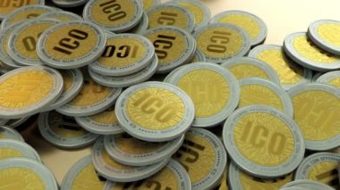 Sorunsuz bir şekilde animasyon ICO kripto para sikke yığını çember fotoğraf makinesinin döngü. Büyük blockchain ve fintech için ilgili içerik.