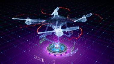 Fütüristik animasyon animasyon holografik quadcopter dronun soyut kılavuz arka plan üzerinde döndürme