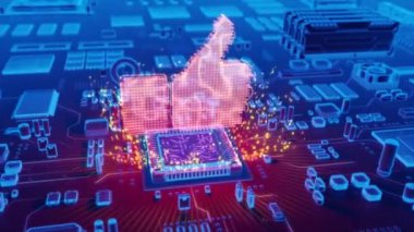 Mikroişlemci elektronik devre kartı üzerinde çıkan sembol holografik başparmak fütüristik animasyon
