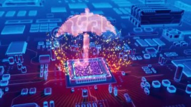 Mikroişlemci elektronik devre kartı üzerinde çıkan holografik şemsiye sembolü fütüristik animasyon