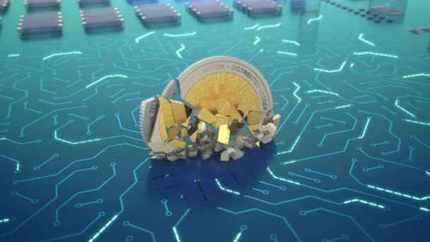 떨어지는 Bitcoin 동전의 애니메이션 디지털 시장의 추락과 침체를 — 비디오