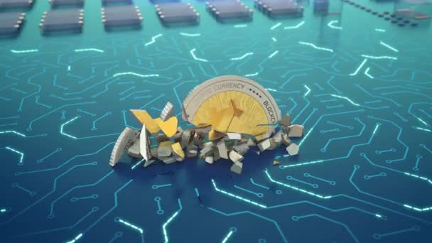 Абстрактная Анимация Обычной Криптовалютной Монеты Падающей Электронную Схему Разрушающейся Символизирует — стоковое видео
