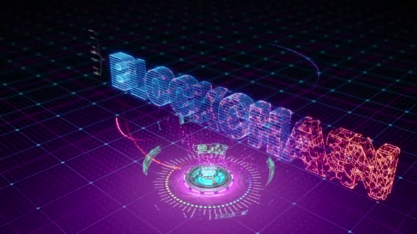 Futuristische Animation Von Blockchain Text Der Durch Teilchen Auf Abstraktem — Stockvideo