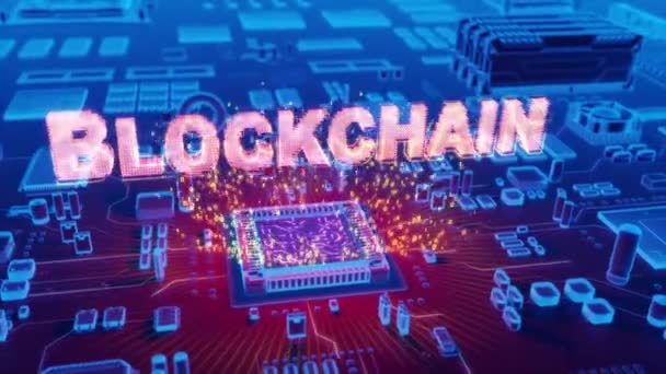 Animação Futurista Texto Holográfico Blockchain Que Emerge Microprocessador Placa Circuito — Vídeo de Stock